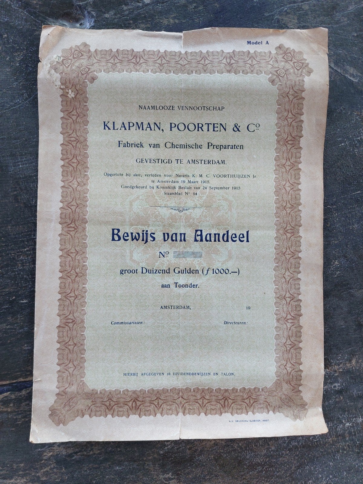 Oud aandeel Klapman, Poorten & Co. (1915), Ophalen of Verzenden
