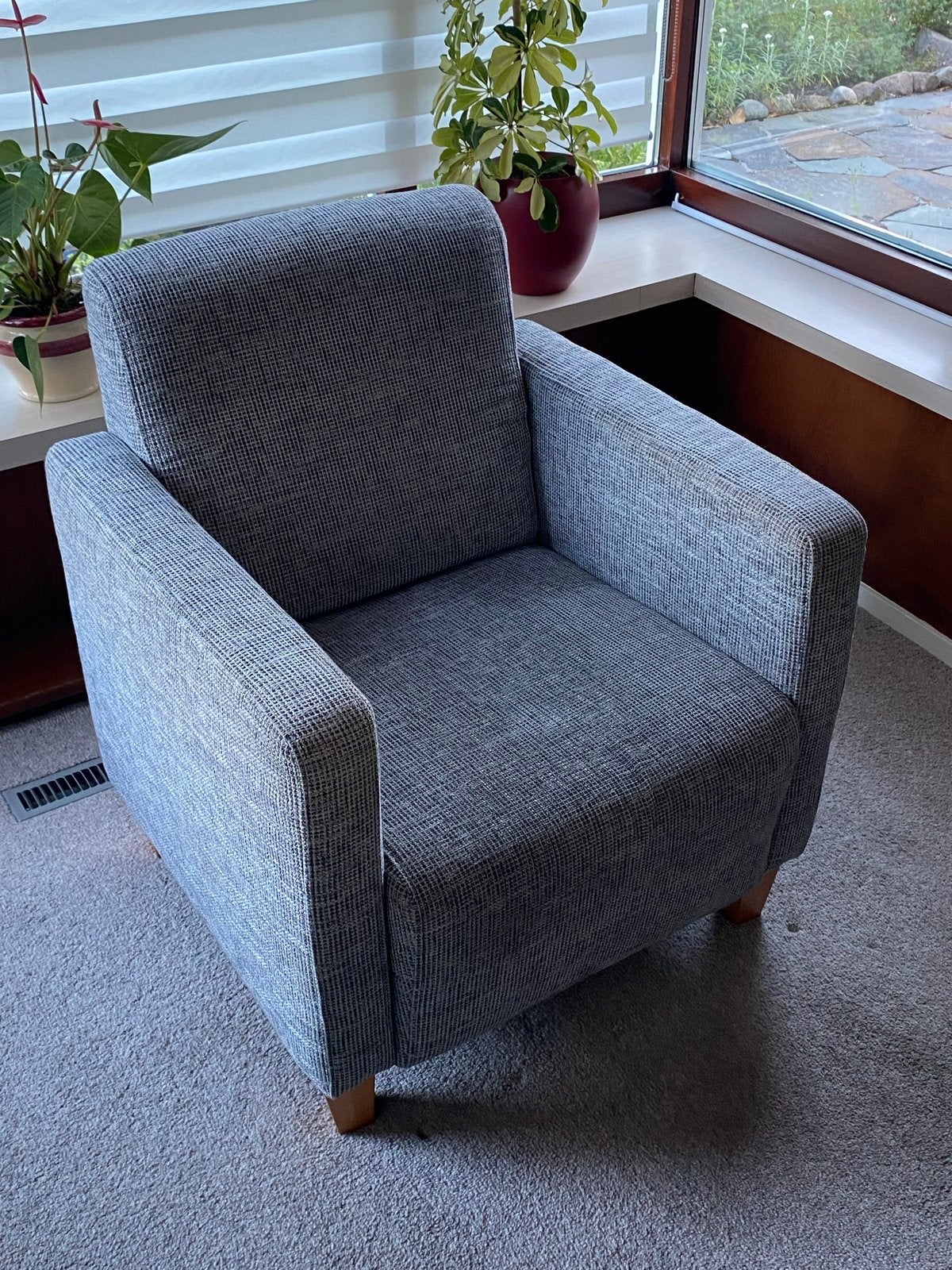 Comfortabele fauteuil - Grijs gestoffeerd, Huis en Inrichting, Fauteuils, Ophalen, Gebruikt, 75 tot 100 cm, Stof
