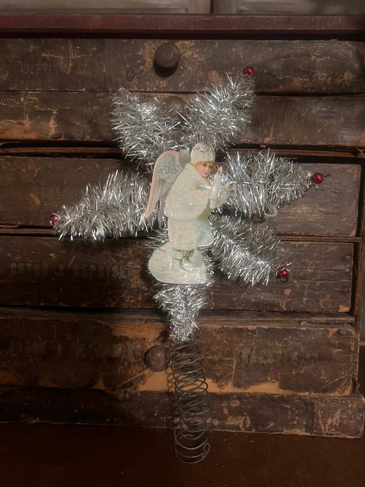 Antieke oude feathertree kerstboom kerst piek tinsel engel, Diversen, Kerst, Ophalen of Verzenden, Gebruikt
