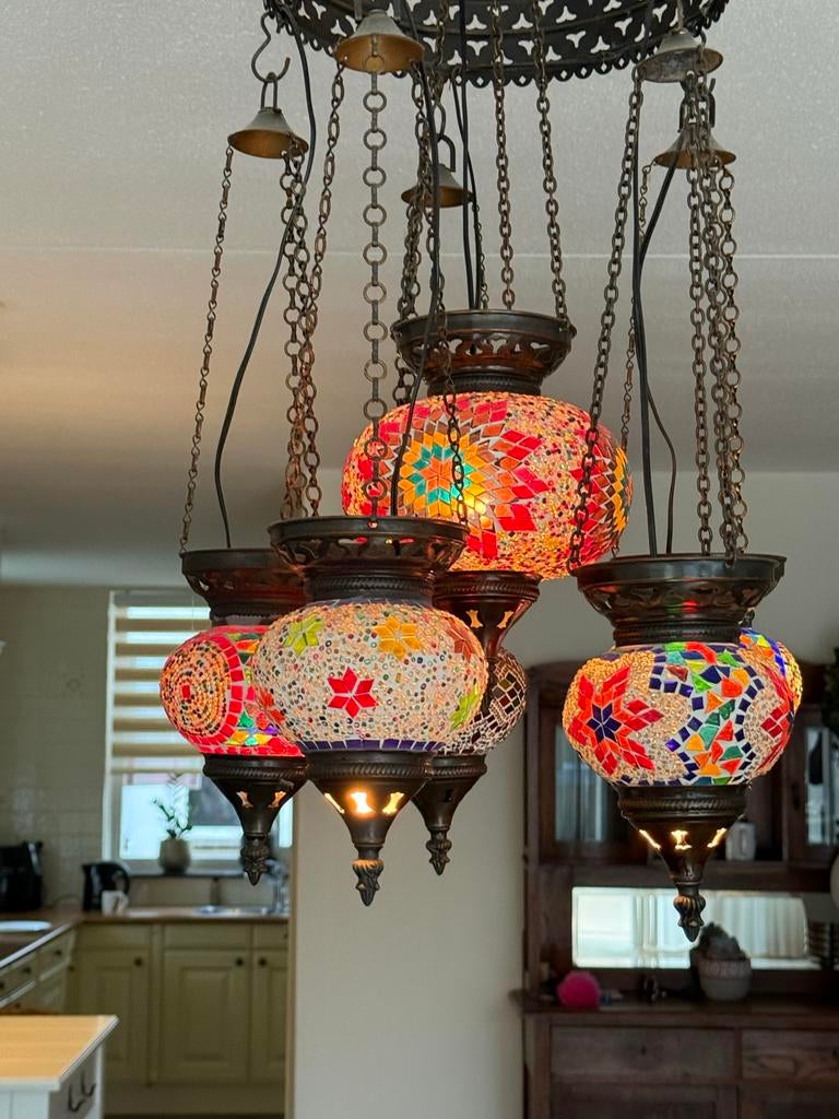 Oosterse lamp met 5 mozaïek bollen, Ophalen, Gebruikt, Glas, 75 cm of meer