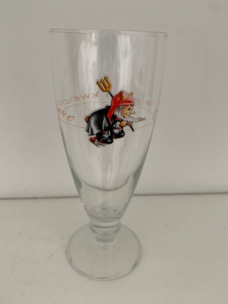 Chouffe glas Dit is geen Kwelchouffe, Verzamelen, Biermerken, Ophalen of Verzenden, Zo goed als nieuw, Glas of Glazen, Duvel