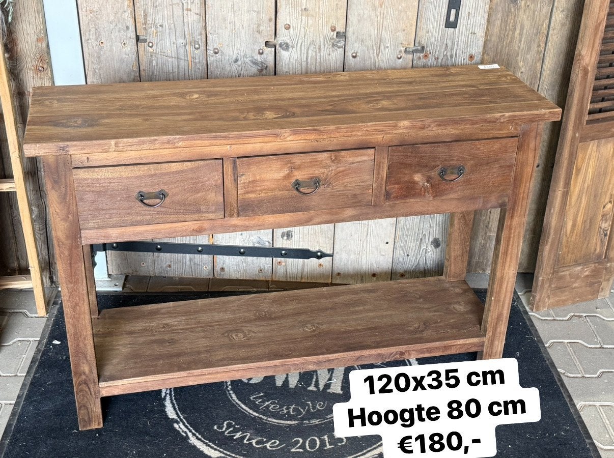Teakhout sidetable met 3 lades en plank stoer sober jwm, Huis en Inrichting, .., Nieuw, Landelijk, 75 cm of meer