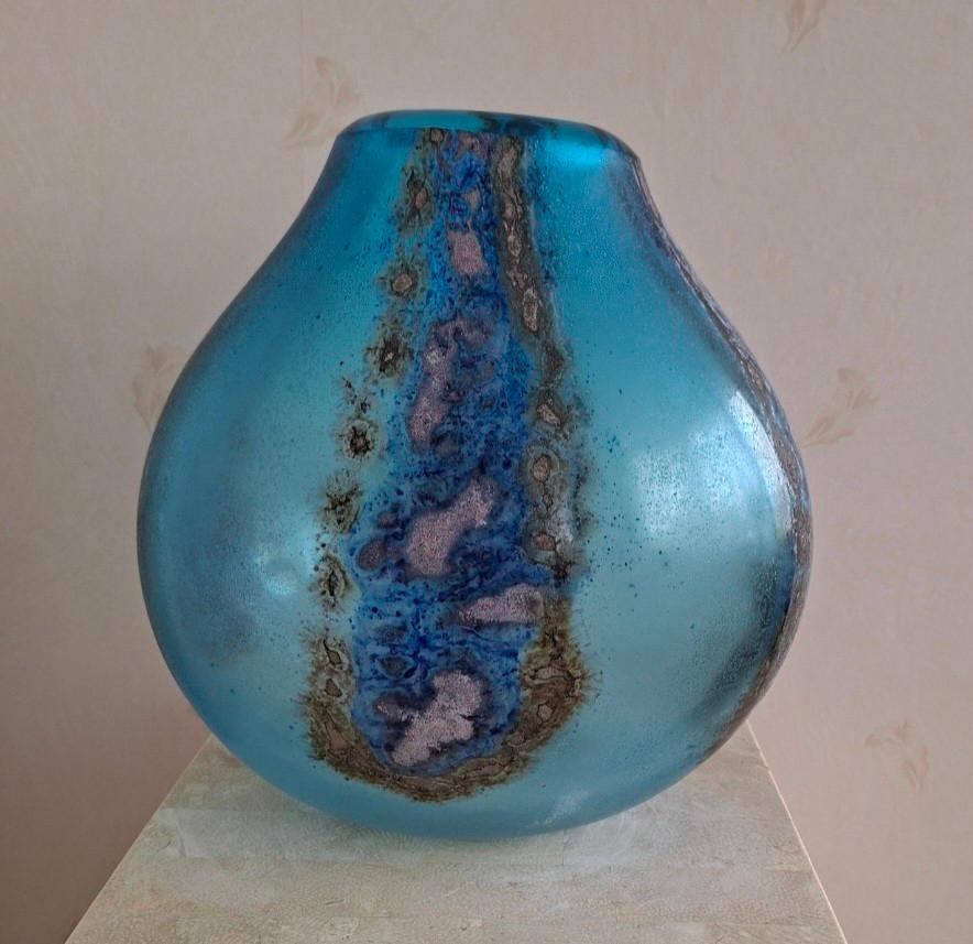 Alfredo Barbini Murano Scavo Vaas - Blauw Glas, Ophalen of Verzenden