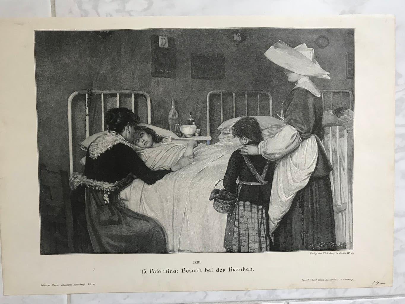 1890, H. Paternina: Besuch bei der Kranken, gravure, 32x23cm, Origineel, Dagelijks leven, 1800 - 1899, Ophalen of Verzenden