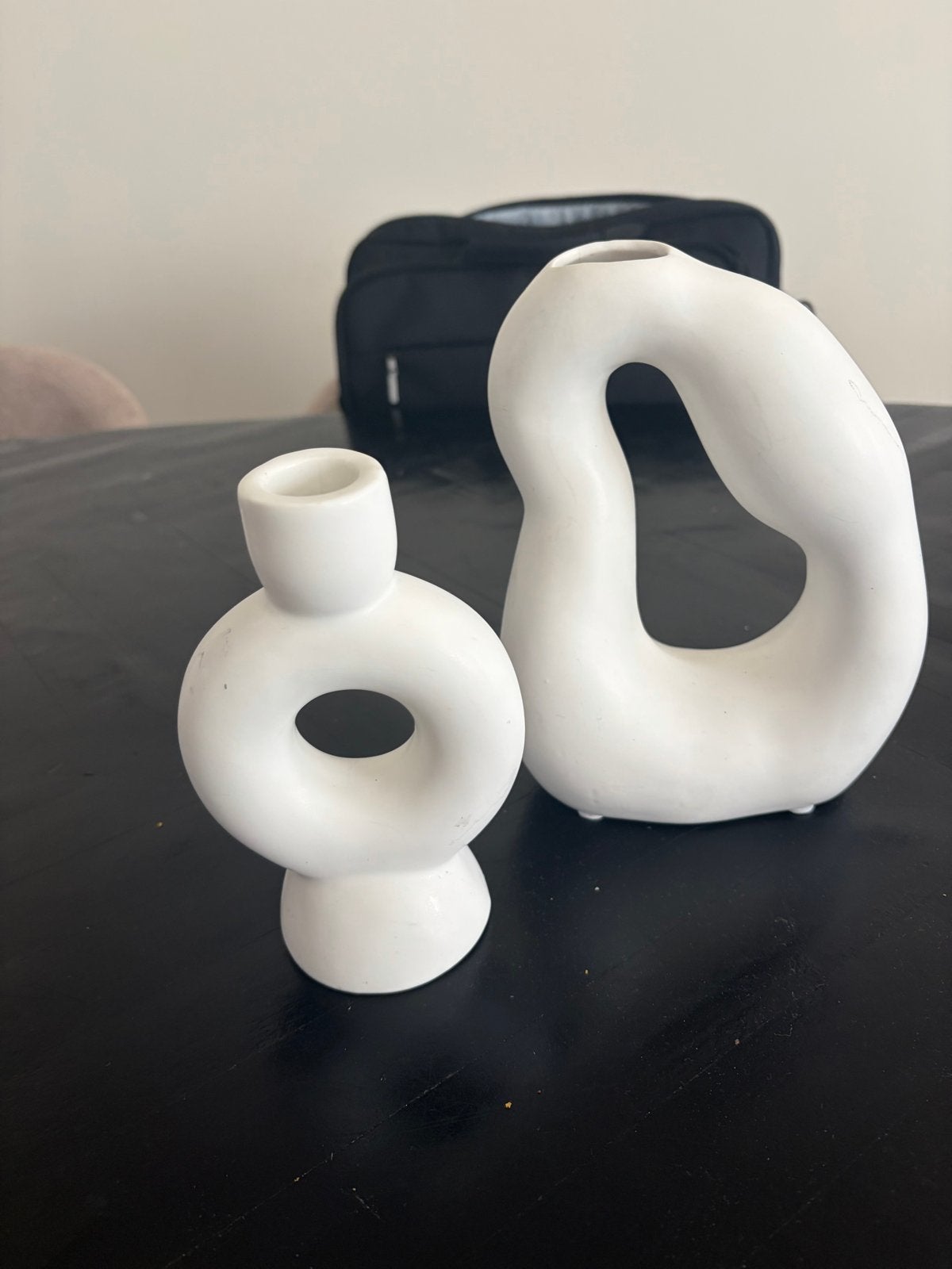 Set van Witte Abstracte Vaas en kandelaar- Modern Design, Wit, Ophalen of Verzenden, Zo goed als nieuw, Geschikt voor droogbloemen