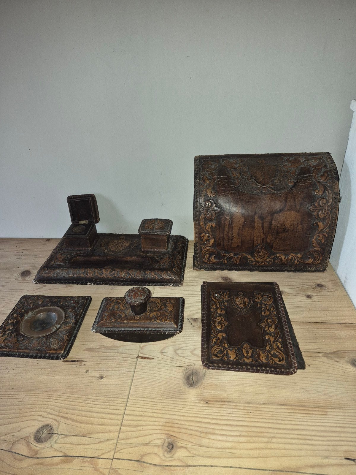 Antieke lederen bureau set - 6-delig, Antiek en Kunst, Ophalen of Verzenden