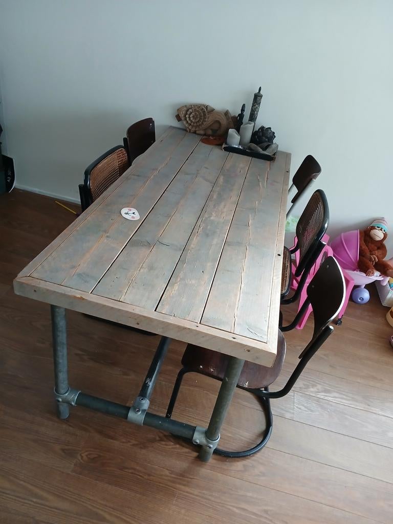 Eettafel steigerhout steigerbuis, Ophalen, Rechthoekig, 150 tot 200 cm, 50 tot 100 cm