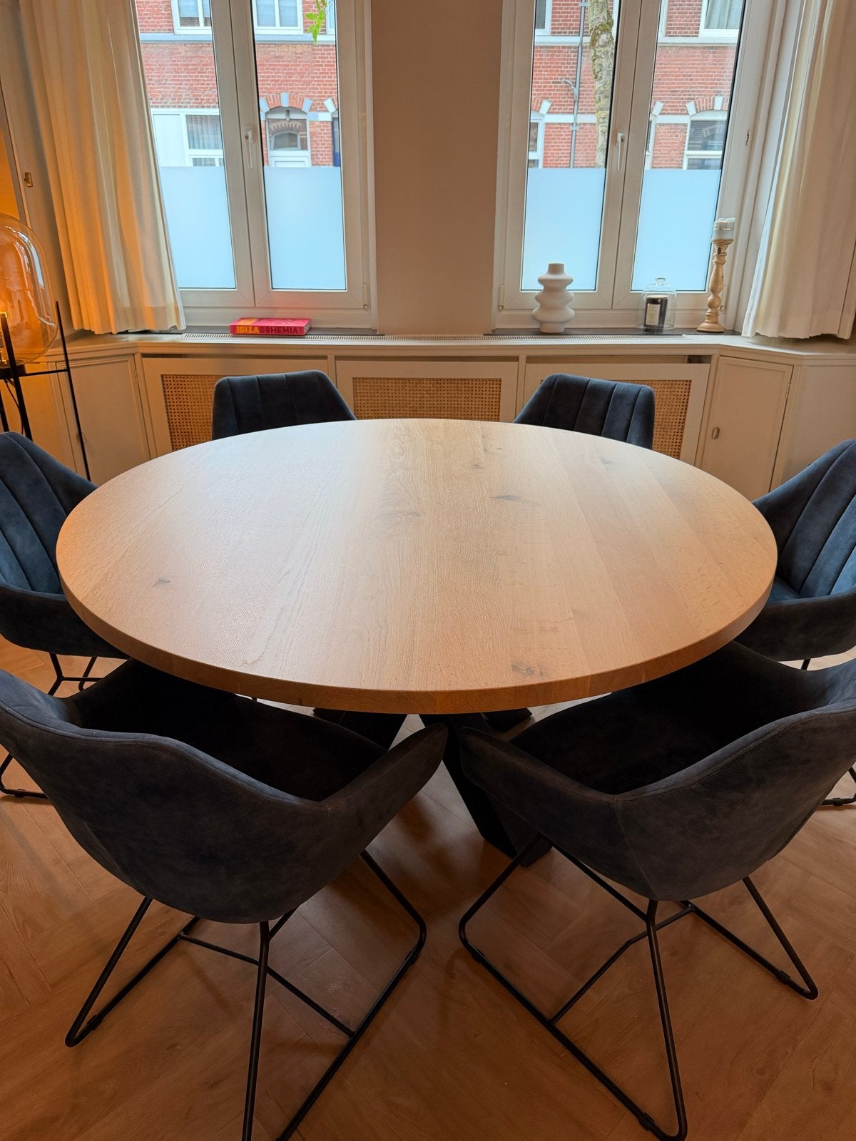 Ronde eiken eettafel 150 cm - Trendoliving, Huis en Inrichting, Tafels | Eettafels, Ophalen, Gebruikt, 100 tot 150 cm, Eikenhout