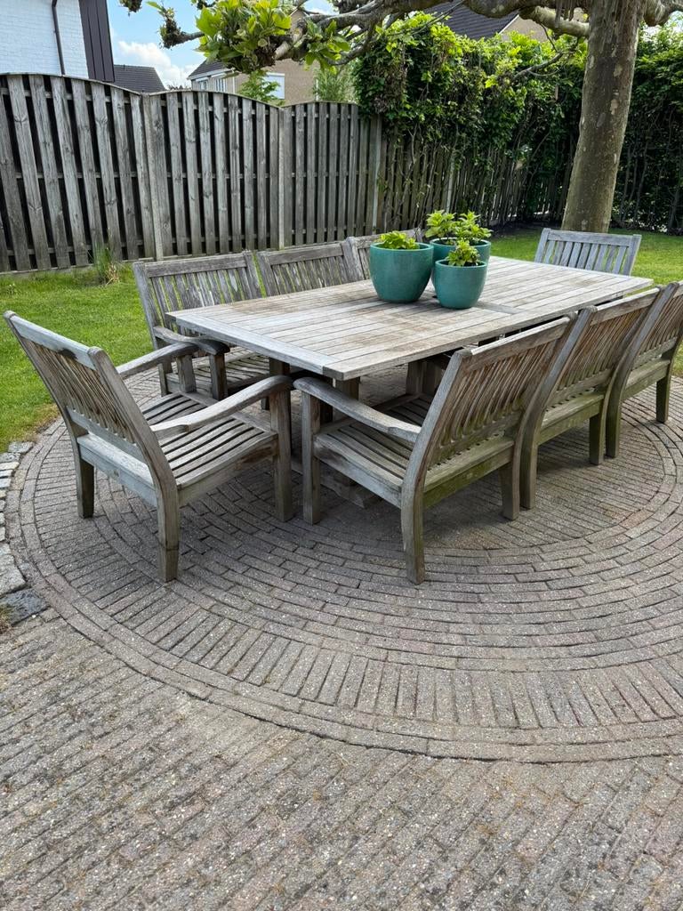 Gloster for life teak tuintafel met 8 stoelen, Tuin en Terras, Ophalen of Verzenden, Zo goed als nieuw, Teakhout, Stoel