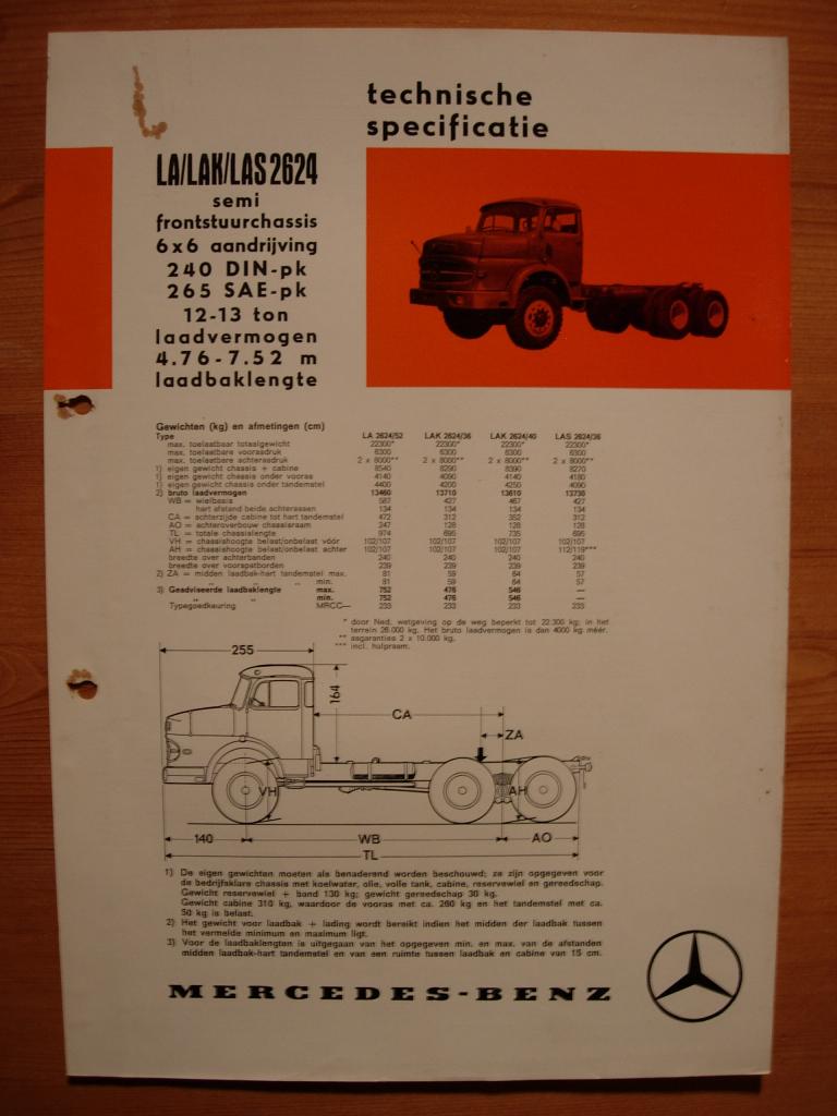 Mercedes 2624 LA LAK LAS 6x6 Torpedo 1970 Brochure Specifica, Zo goed als nieuw, Mercedes-Benz, Mercedes, Ophalen of Verzenden