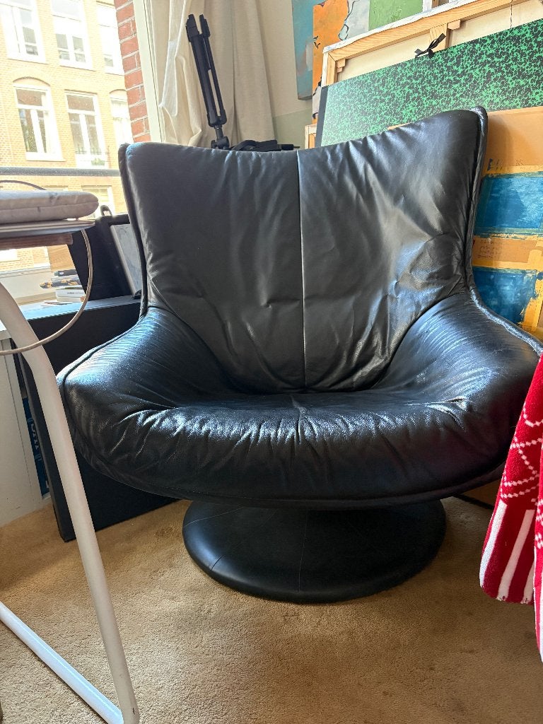 Vintage Spage Age loungefauteil - echt zwart leer, Ophalen, Gebruikt, Space Age / Mid-Century, 75 tot 100 cm