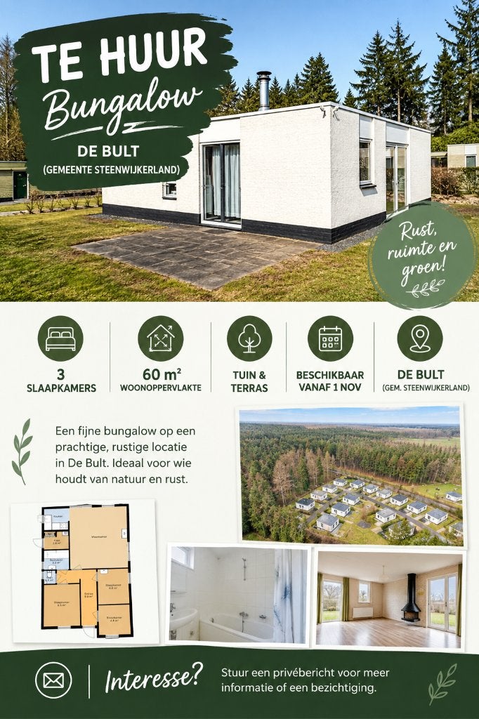 Te huur: Vrijstaande bungalow met tuin in Steenwijk, 8 kamers, Direct bij eigenaar, 60 m², De Bult