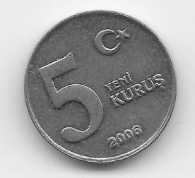 Turkije 5 yeni kurus 2006 KM# 1165, Verzenden, Midden-Oosten, Losse munt