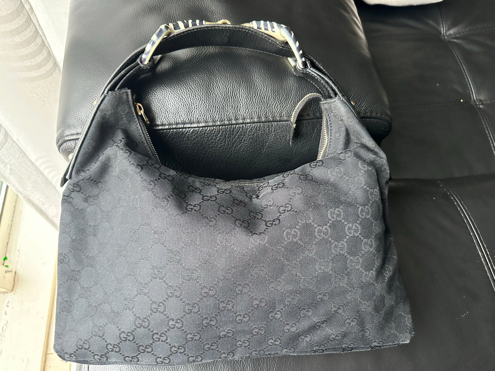 Gucci Horsebit Hobo Tas Zwart Canvas, Ophalen of Verzenden, Gebruikt, Zwart, Handtas