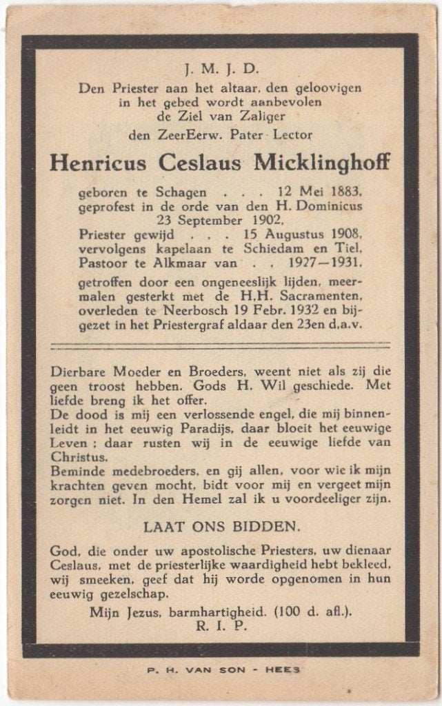 pater Henricus Micklinghoff 1883 Schagen + 1932 Neerbosch, Verzenden