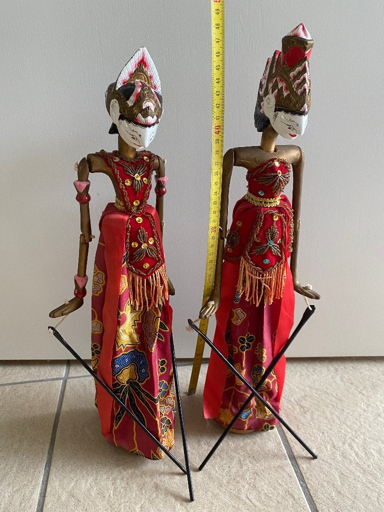 Wajangpoppen Shinta en Rama - Traditioneel Indonesisch, Hout, Ophalen of Verzenden, 48 cm, Indonesië