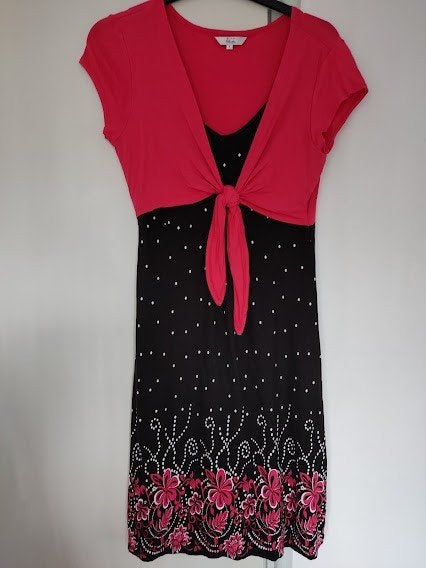 Miss Etam dames jurk met bolero (tweedelig) zwart neon roze, Maat 38/40 (M), Zwart, Ophalen of Verzenden, Zo goed als nieuw