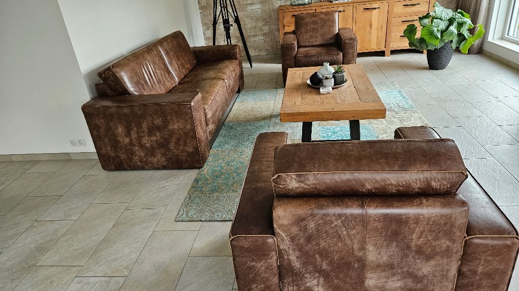 Bankstel met 2 fauteuils, Ophalen, Gebruikt, Leer, Modern