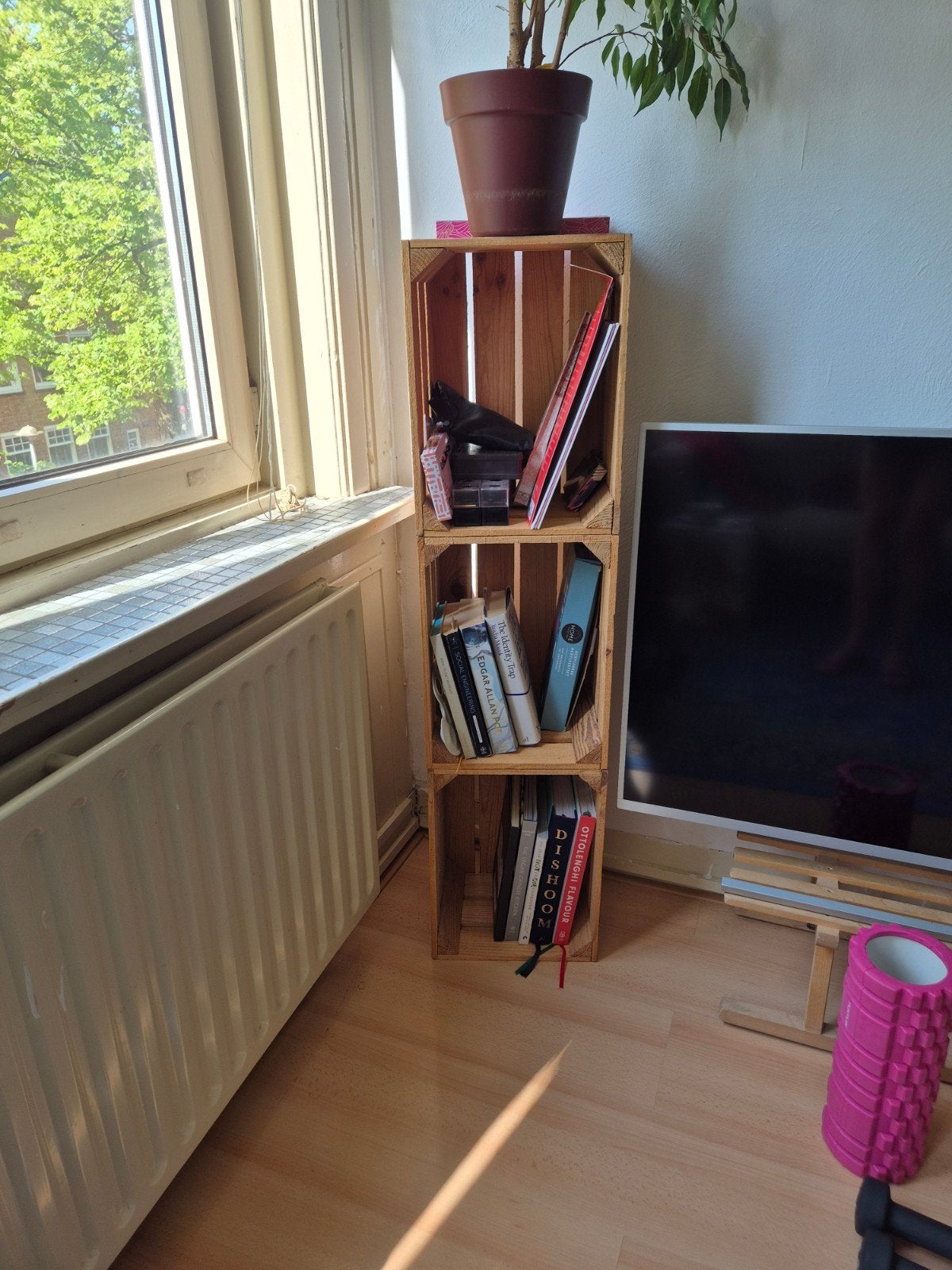 Houten kratten opbergrek - Multifunctioneel en stijlvol, Ophalen, Met plank(en), Minder dan 50 cm, Gebruikt