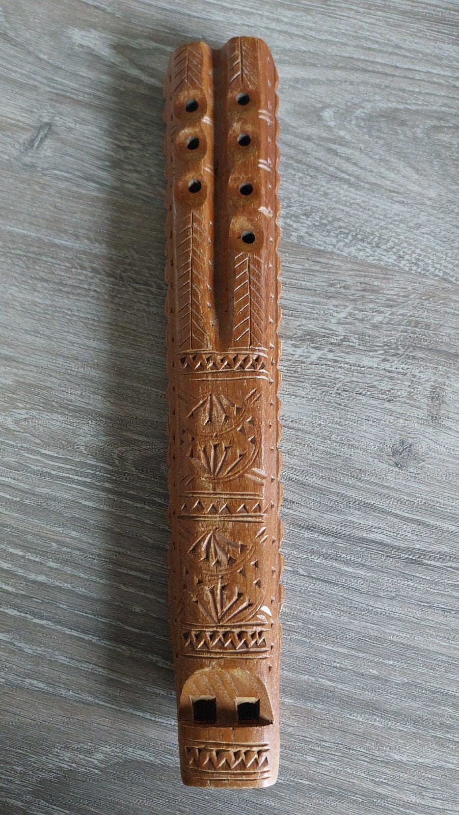 Houten dubbele fluit met houtsnijwerk, Muziek en Instrumenten, Ophalen of Verzenden, Gebruikt, Houtblazer