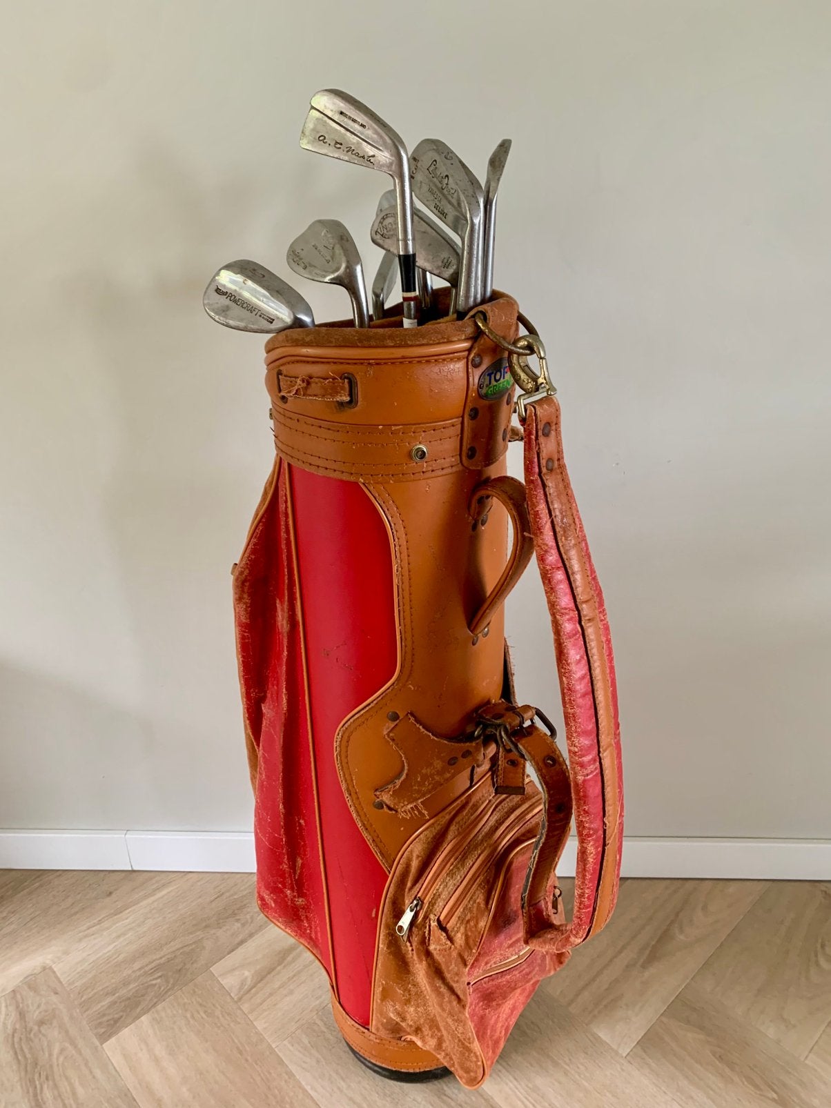 Vintage golftas met clubs, Ophalen of Verzenden, Gebruikt, Tas