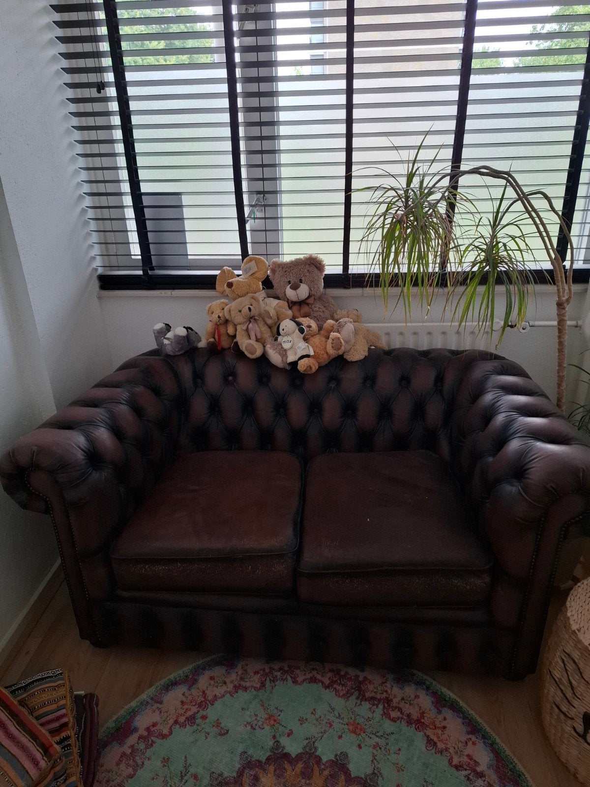 chesterfield bankje bruin leer, Ophalen, Gebruikt, 150 tot 200 cm, Chesterfield
