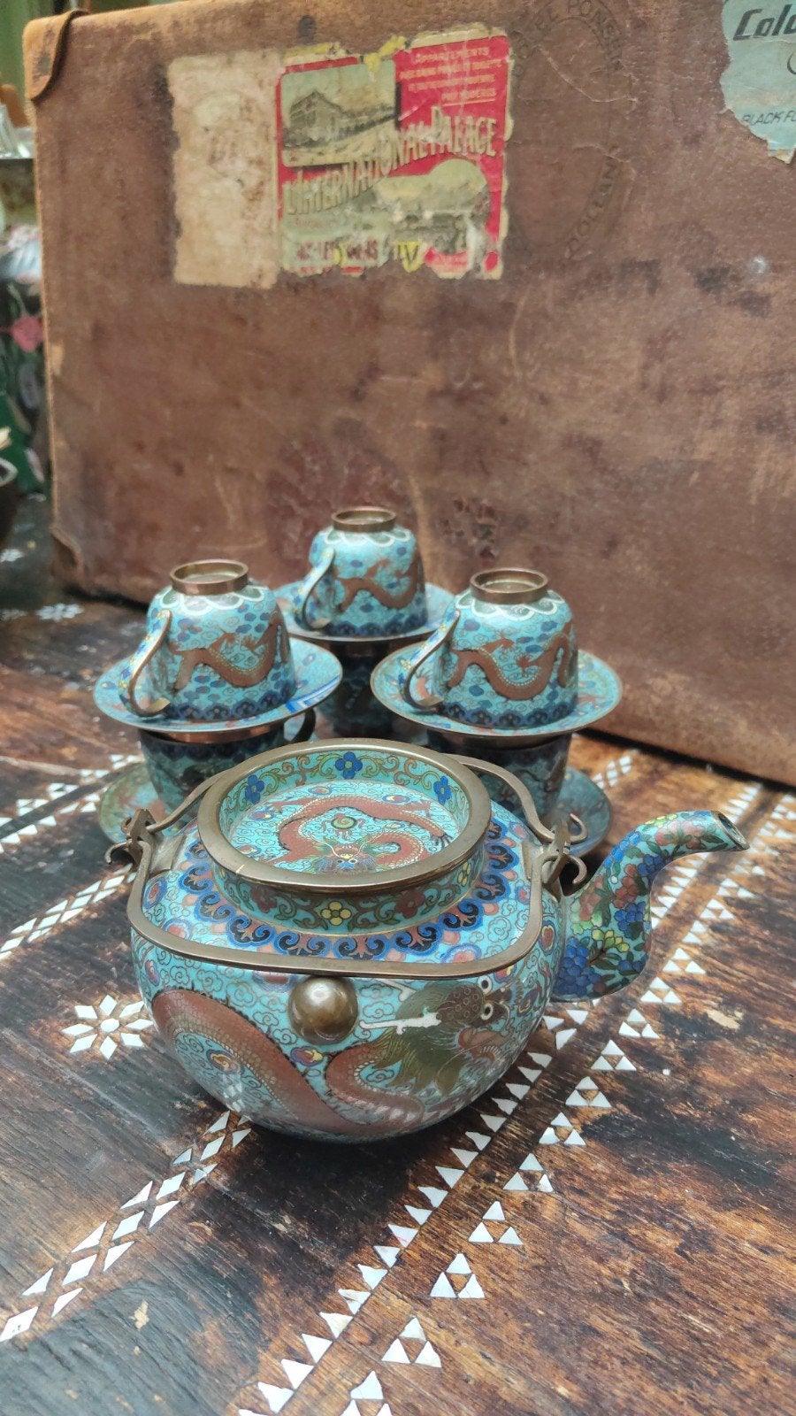 Prachtig blauw turquoise cloisonne theeservies, Ophalen of Verzenden