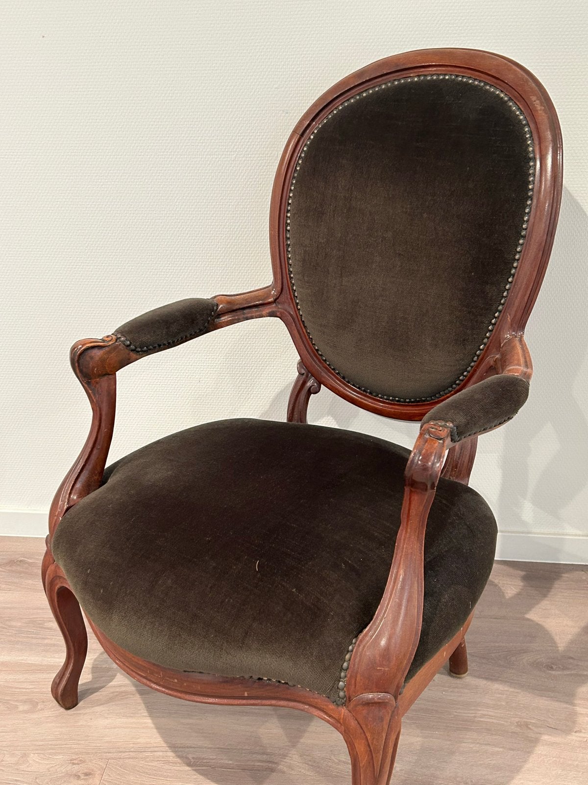 Originele Biedermeier Antieke Fauteuil - Groen Fluweel, Ophalen, Gebruikt, Hout