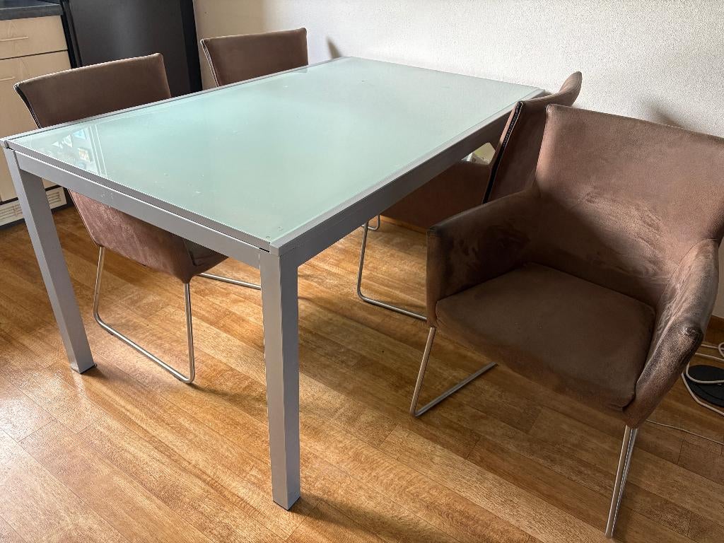 glazen eettafel met stoelen, Huis en Inrichting, Tafels | Eettafels, Ophalen, Gebruikt, 50 tot 100 cm, Glas
