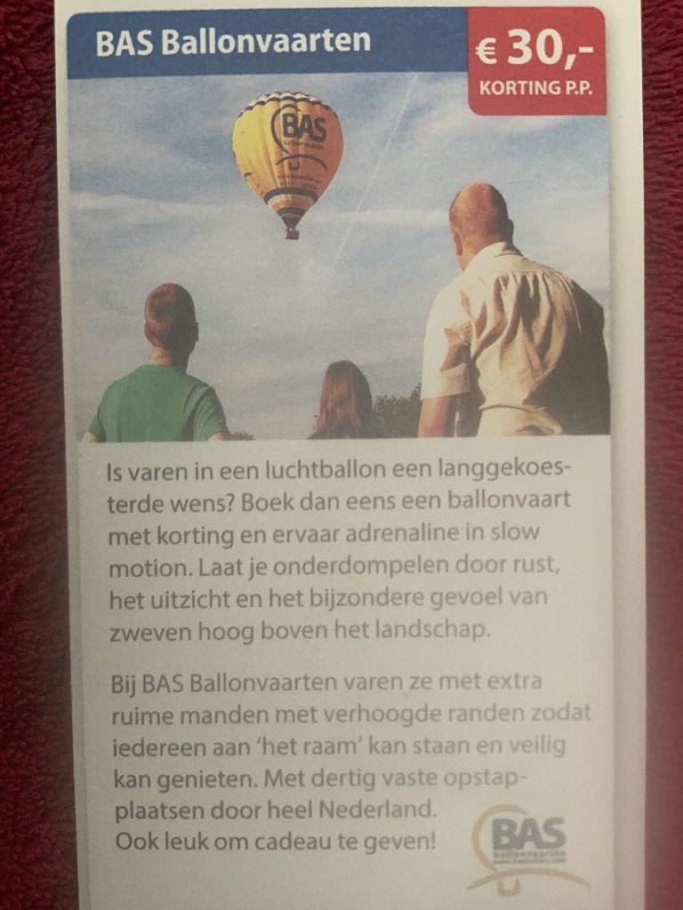 BAS Ballonvaarten Voordeelbon, Tickets en Kaartjes, Drie personen of meer, Kortingsbon, Overige typen