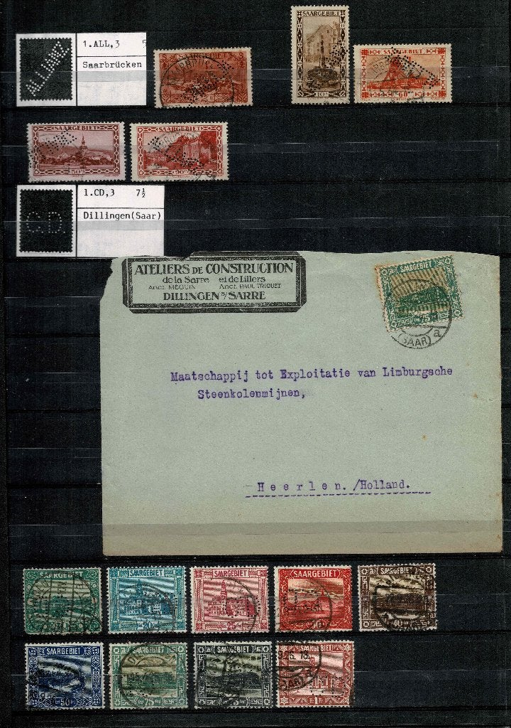 Perfins van Saargebiet.  Prachtige collectie  in stockboek, Verzenden, Overige periodes, Gestempeld