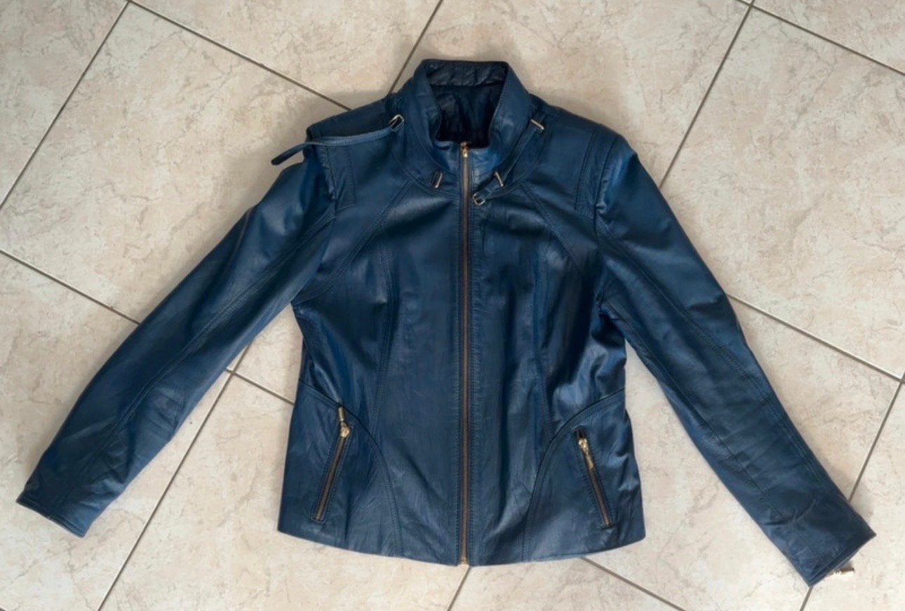 Donkerblauwe leren jas van Sergio Leone, Kleding | Dames, Verzenden, Gedragen, Maat 38/40 (M), Blauw