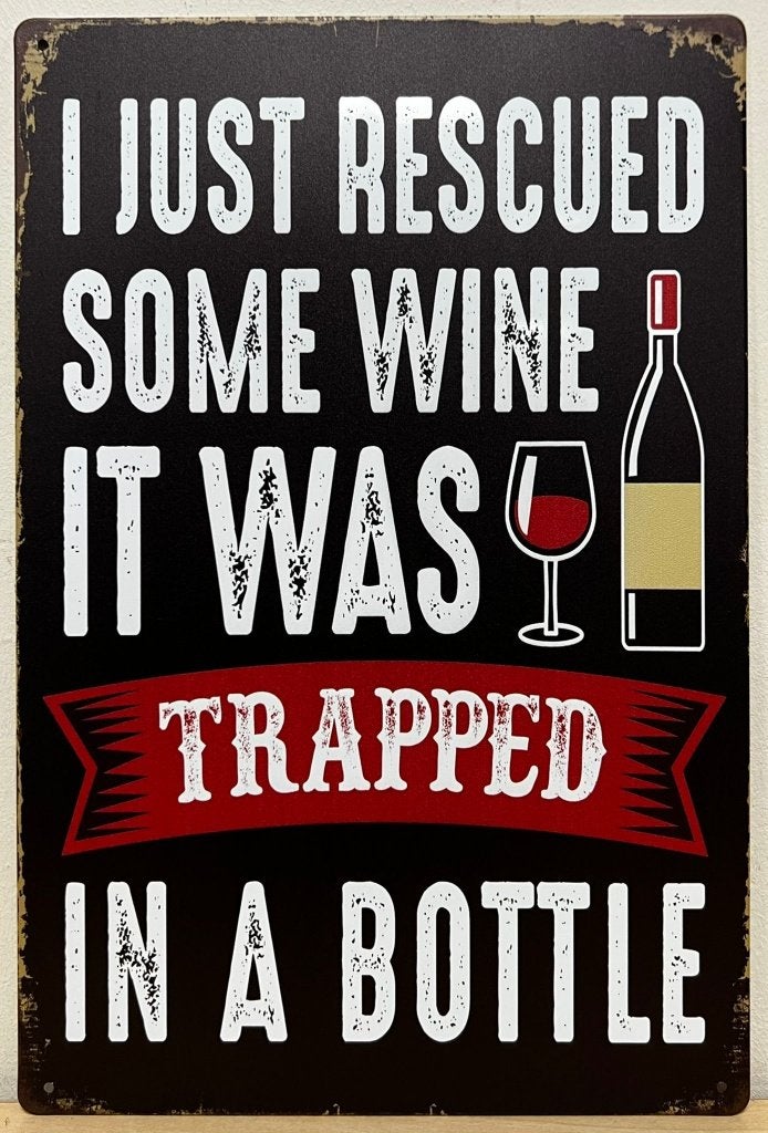 Rescued bottle of wine wijn reclamebord van metaal wandbord, Info@deconoord.nl, Deco Noord, Nieuw, Ophalen of Verzenden