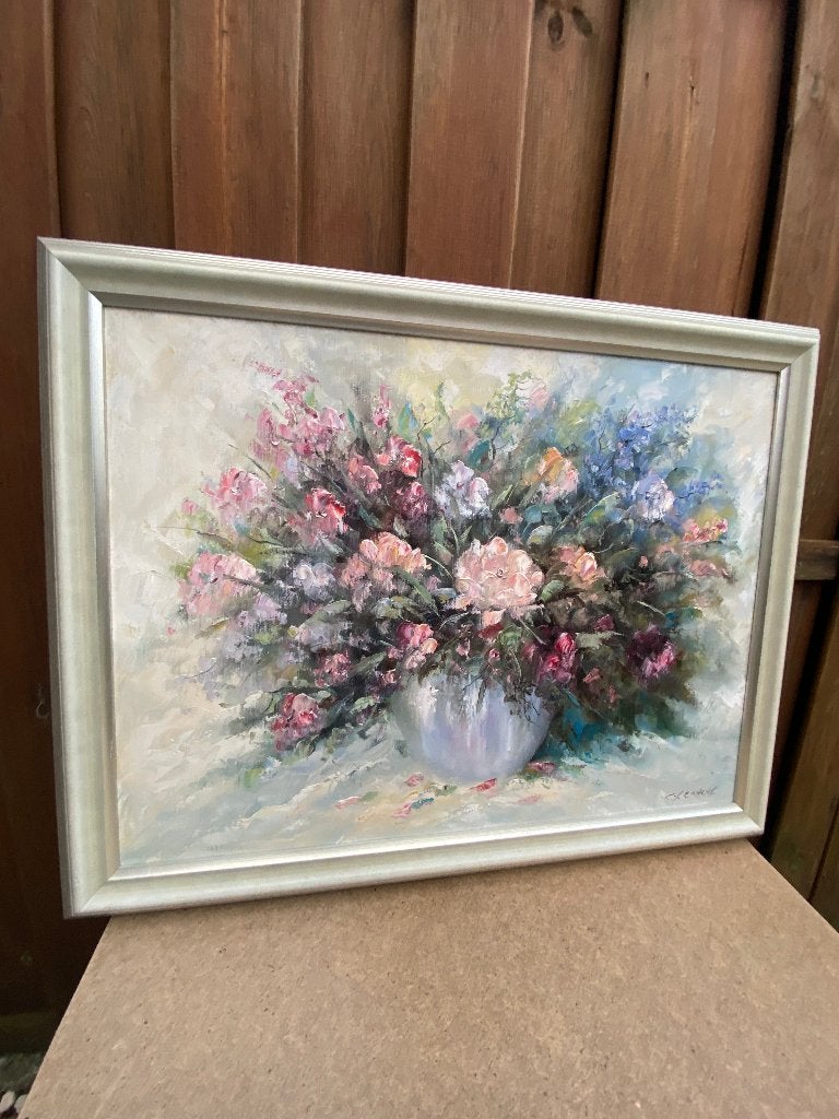 Prachtig bloemen schilderij G.J. Ernens, Bloemen, Doek, Impressionistisch, Ophalen of Verzenden