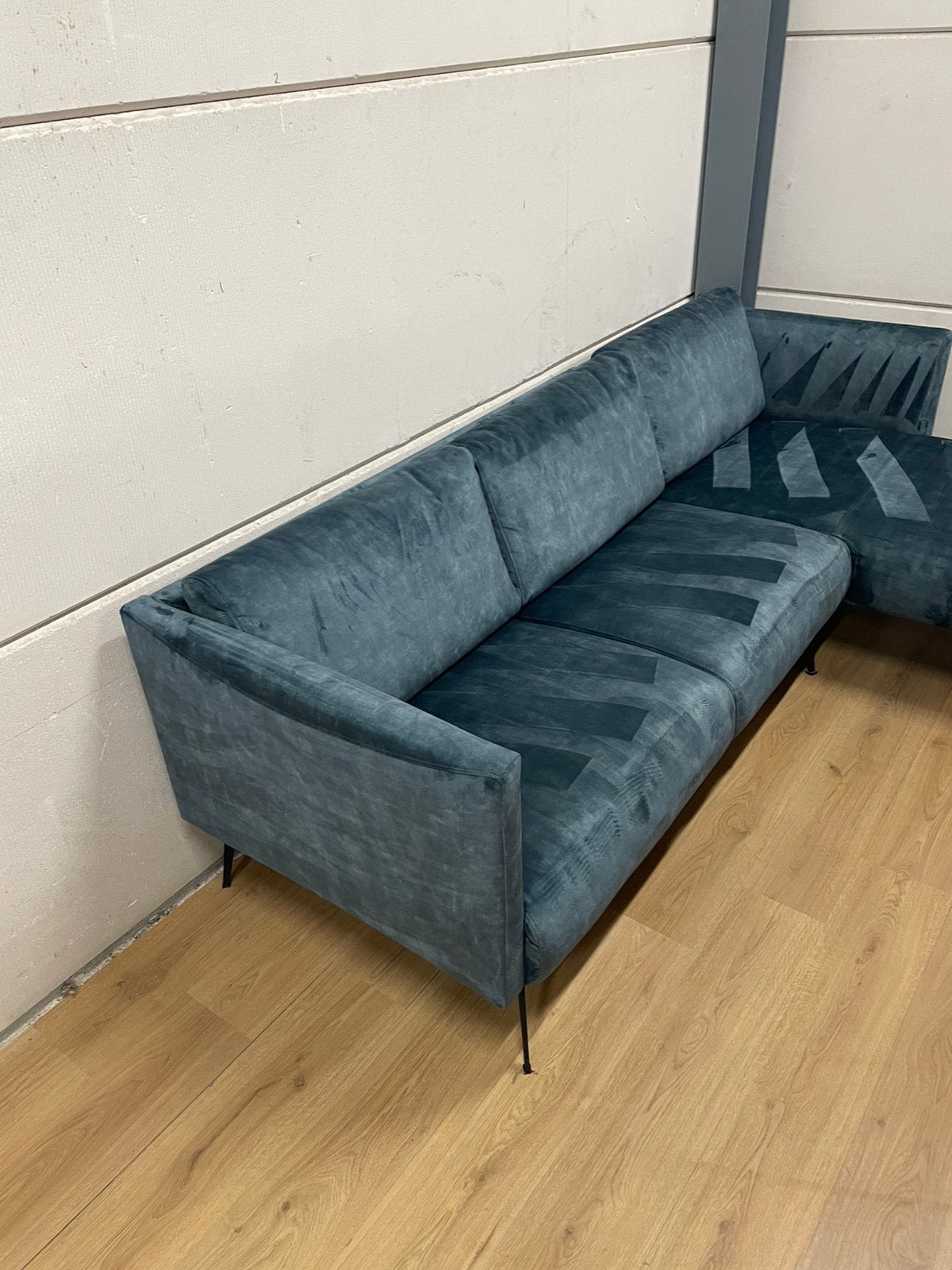 Mooie luxe velvet velours blauw groene hoekbank - GEREINIGD!, Ophalen, 125 tot 150 cm, Luxe, Hoekbank