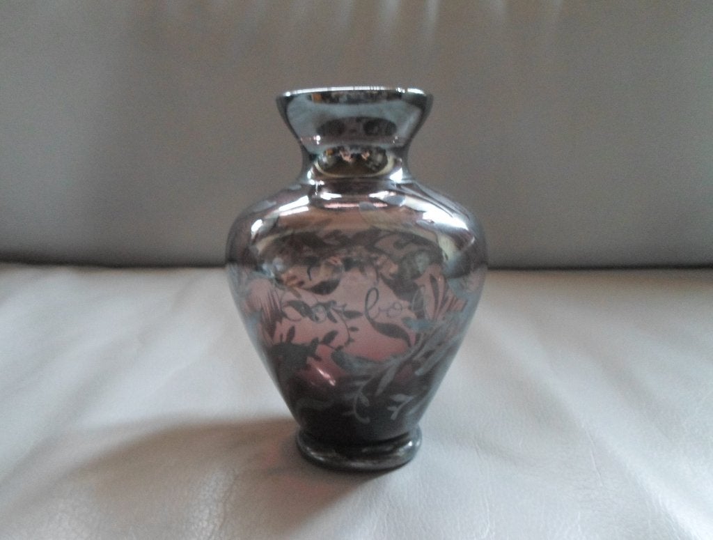 Murano Vaas Zilver Overlay Gesigneerd Paars, Antiek en Kunst, Antiek | Glas en Kristal, Ophalen of Verzenden