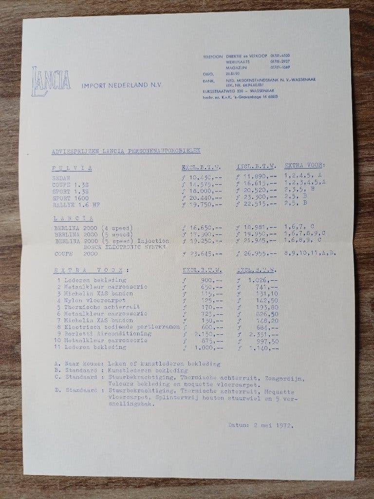 Lancia prijslijst uit 1972, Verzenden, Zo goed als nieuw, Overige merken
