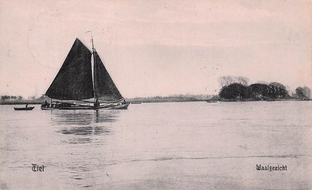 Tiel TULPKAART - Waalgezicht met zeilboot (gel. 1009), Ophalen of Verzenden, Voor 1920, Gelopen, Gelderland