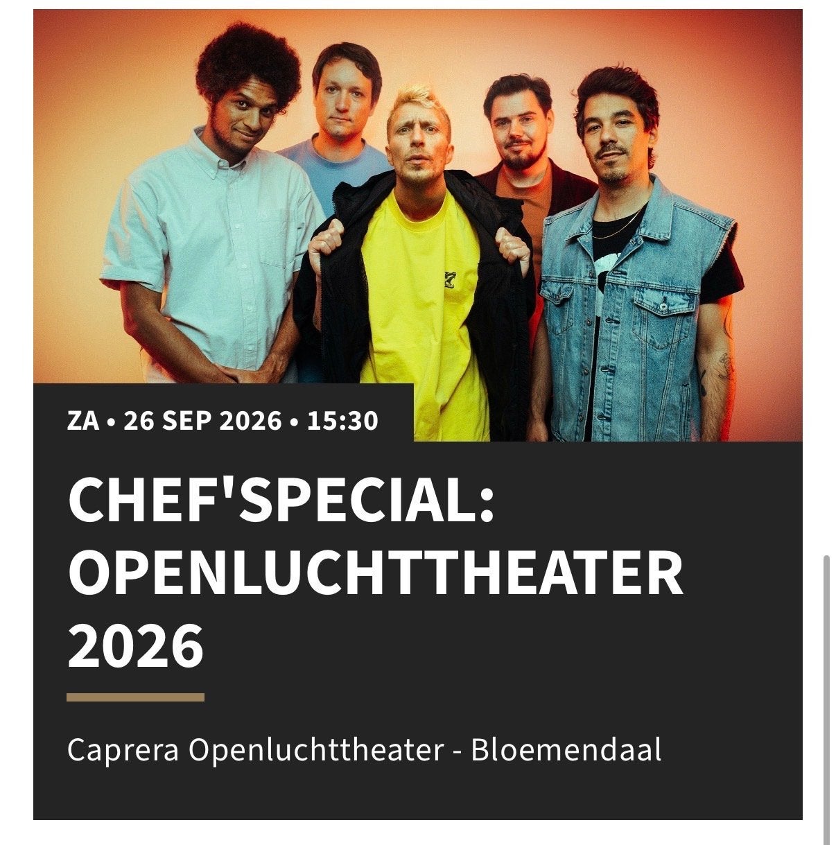 2 kaarten Chef special caprera 26 sept 15.30, Twee personen, September