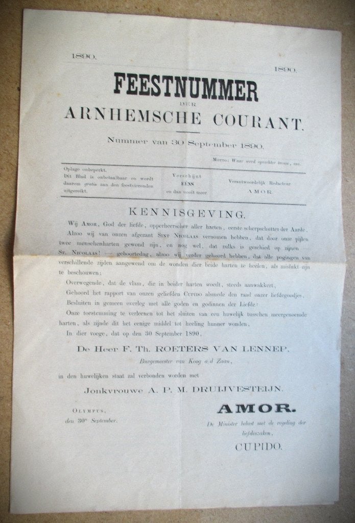 Arnhemsche Courant 1890~Roeters van Lennep~Huwelijk, Ophalen of Verzenden, Gelezen, Overige typen