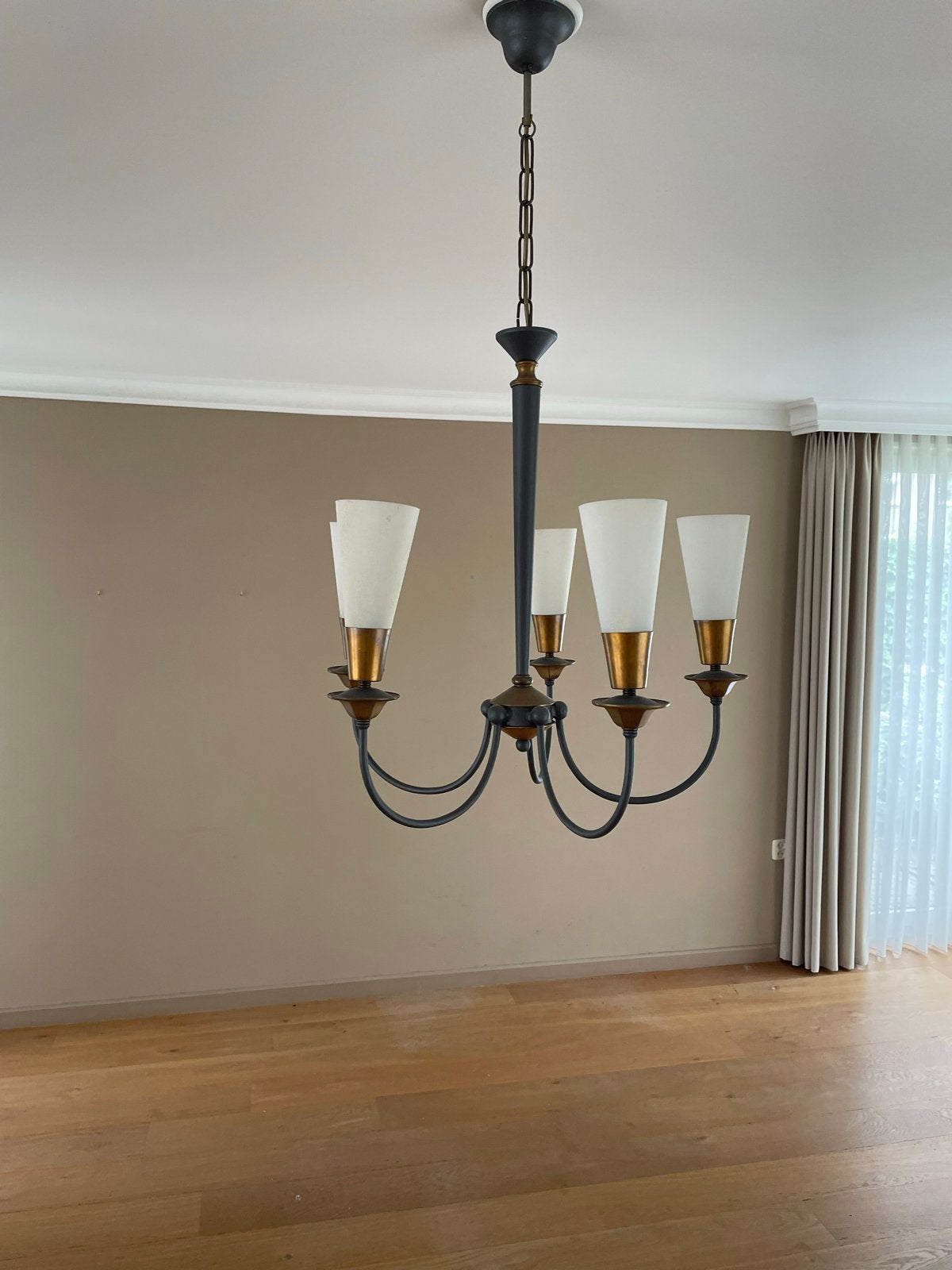 Italiaanse Design Hanglamp - Messing & Patine Groen, Ophalen of Verzenden, Gebruikt, Glas