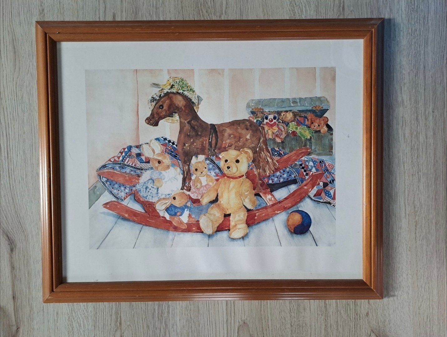 Ingelijste prent met vintage speelgoed houten lijst 56x46cm, Ophalen, 50 tot 75 cm, Print, Minder dan 50 cm