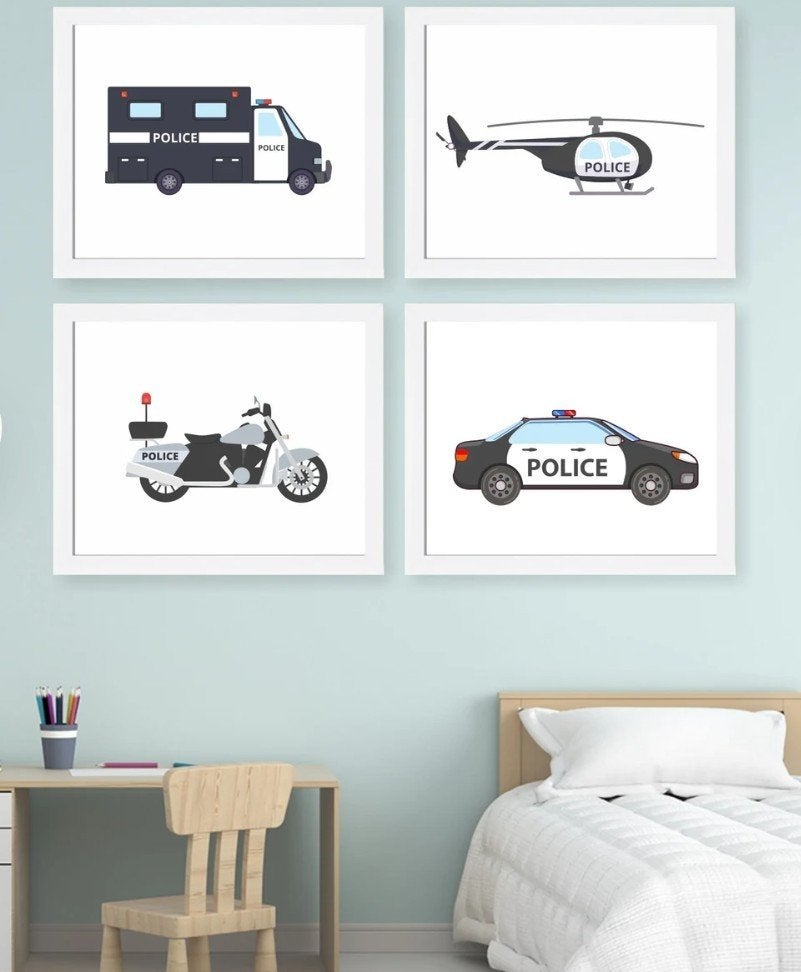 Set van 4 politievoertuigen prints voor kinderkamer, Antiek en Kunst, Ophalen, Print, Print/reproductie