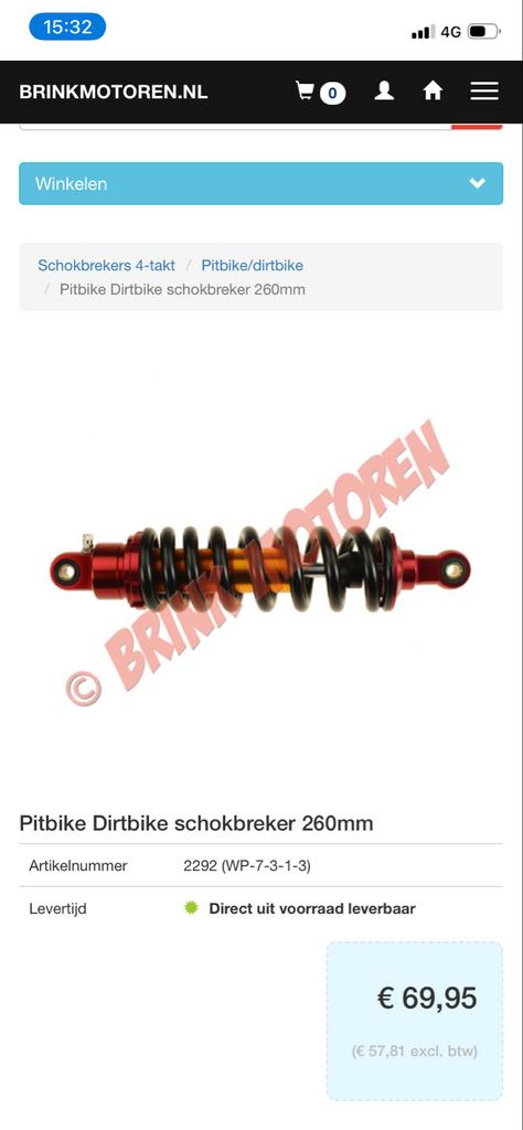 Nieuwe Pitbike Dirtbike Schokbreker 260mm, Ophalen of Verzenden, Nieuw, Overige typen
