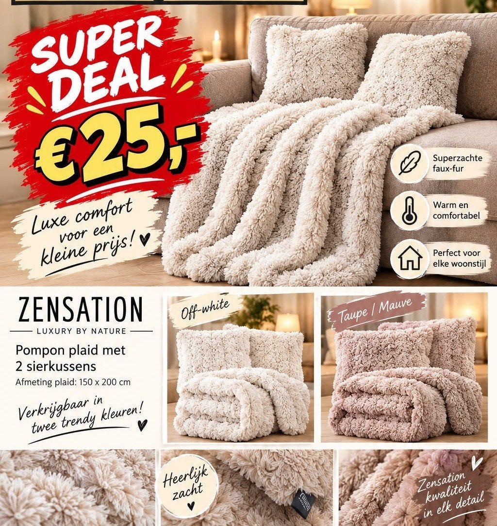 Zensation pompon plaid +2 kussens., Ophalen of Verzenden, Nieuw