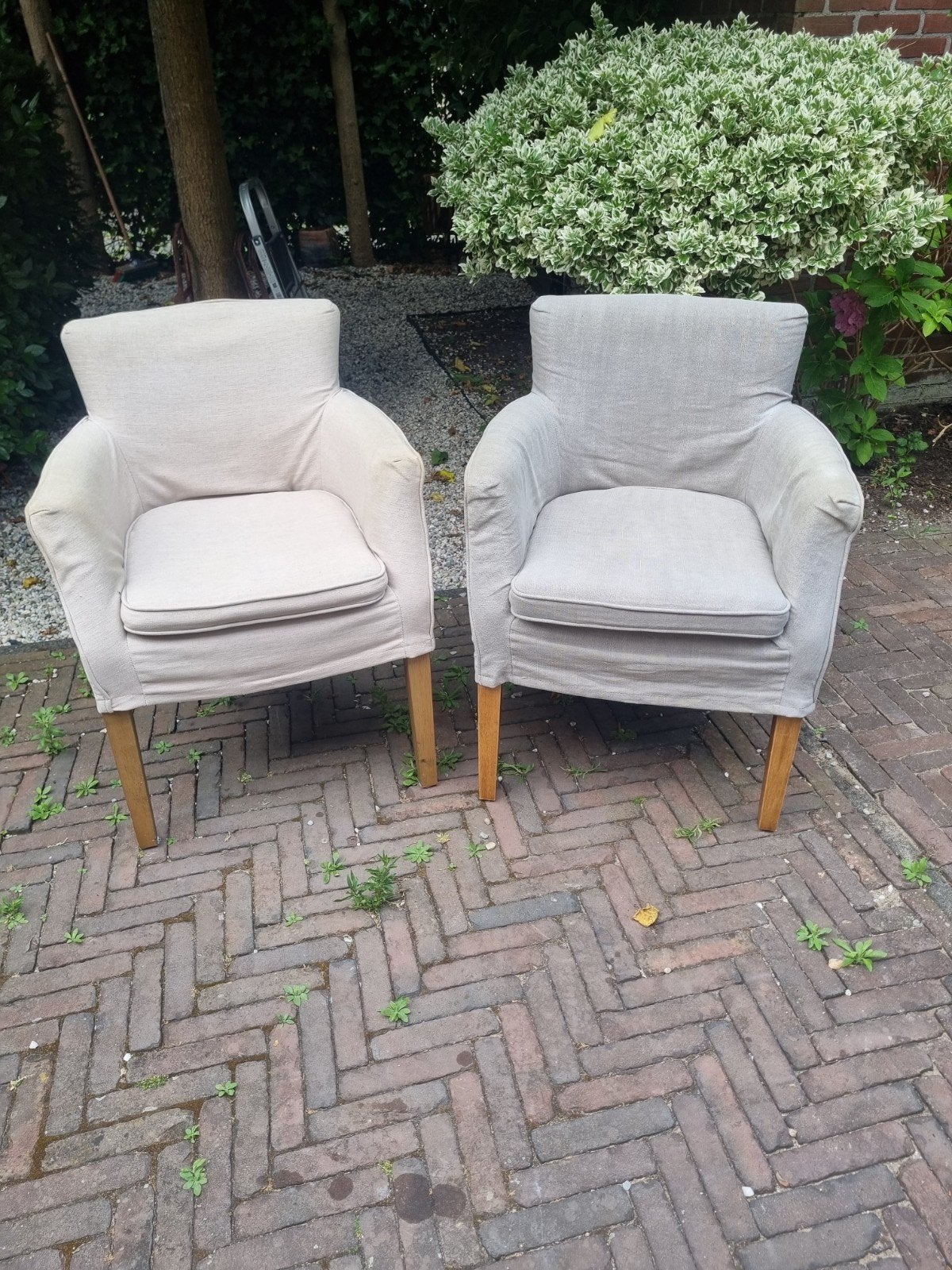 2x Riviera Maison Fauteuils - Beige Stof, Ophalen, Gebruikt, 75 tot 100 cm, Landelijk, Klassiek