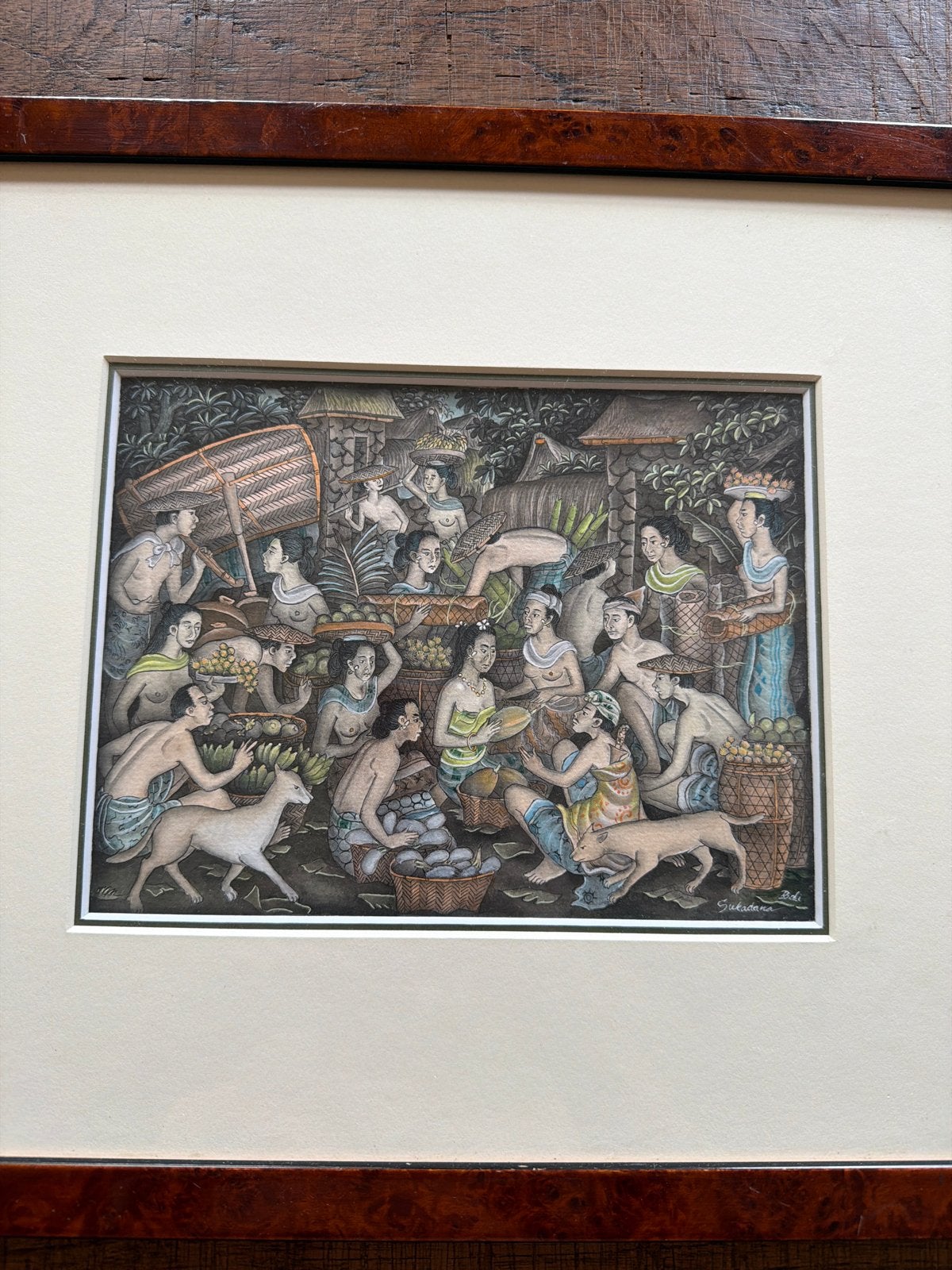 Balinees markt tafereel schilderij - Gesigneerd Sukadana, Schilderij, Meerkleurig, Overige materialen, Ophalen of Verzenden