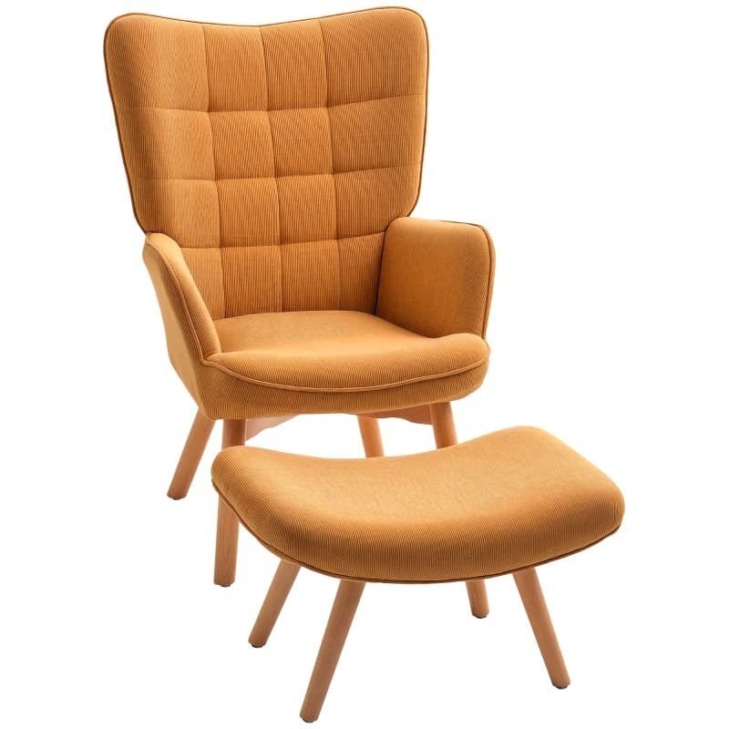 tv stoel  fauteuil met voetenbank - Oranje ribfluweel, Modern, Comfortabel, Scandinavisch, Overige kleuren, Nieuw, Ophalen of Verzenden