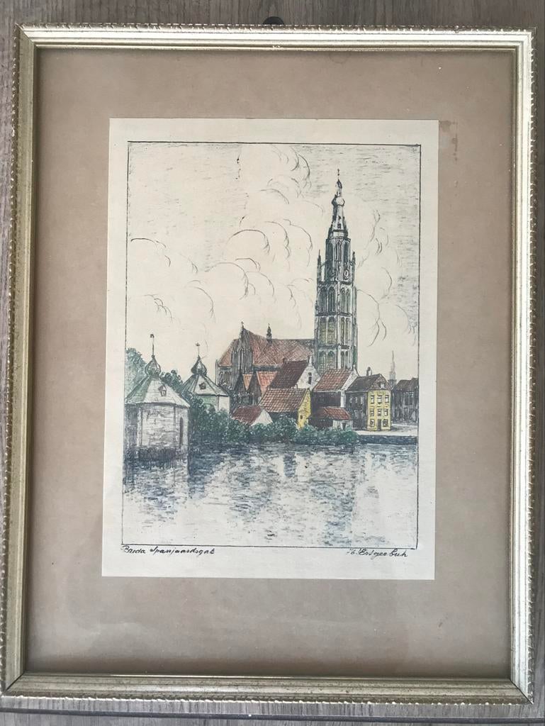 Litho (Spanjaardsgat KMA, Breda) gesigneerd en ondertekend, Antiek en Kunst, Stadsgezicht, Ophalen of Verzenden, Gesigneerd, 1950 - 1999