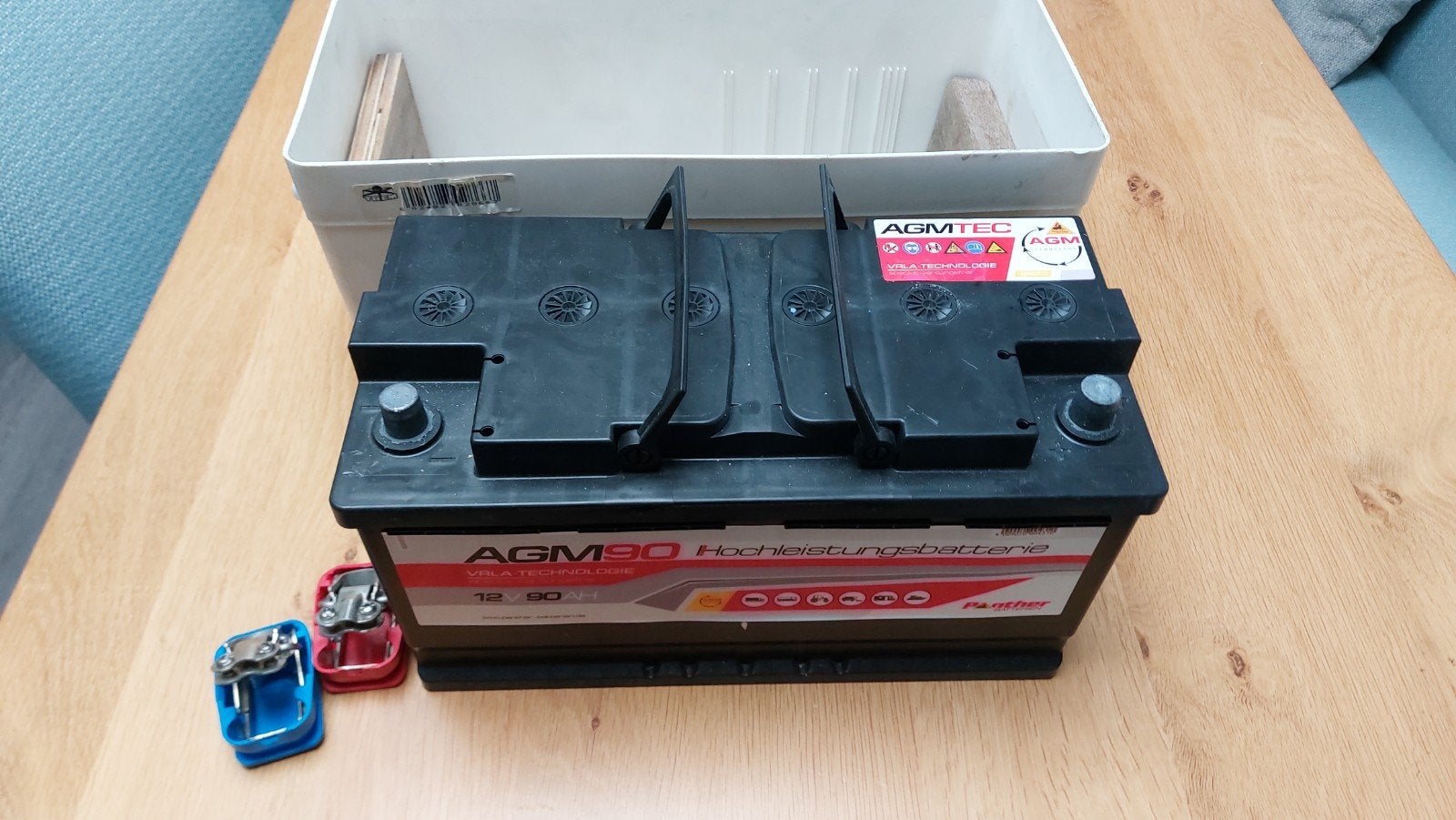 AGM90 Huishoudaccu met klemmen en box, Auto-onderdelen, Accu's en Toebehoren, Ophalen of Verzenden, Gebruikt